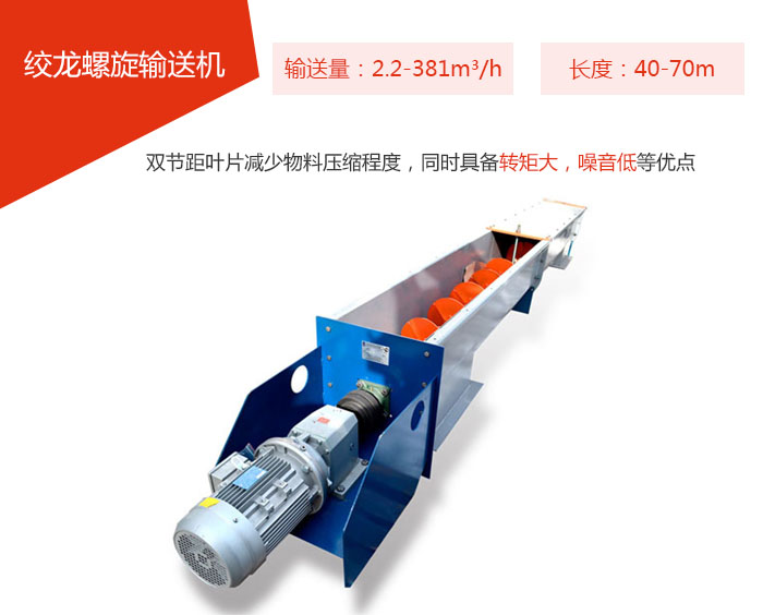 絞龍螺旋輸送機(jī)輸送量：2.2-381m3/h 長度：40-70m 雙節(jié)距葉片減少物料壓縮程度，同時(shí)具備轉(zhuǎn)矩大，噪音低等優(yōu)點(diǎn)。