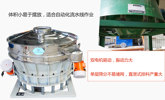 雙電機驅(qū)動，振動力大，單層篩分不易堵網(wǎng)，直泄式排料產(chǎn)量大